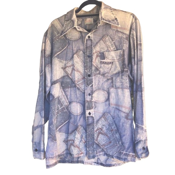 🔮 1970 VINTAGE | DENIM PATCHWORK PRINT SHIRT | UNISEX | LARGE | UNIQUE! $160! - Picture 1 of 7